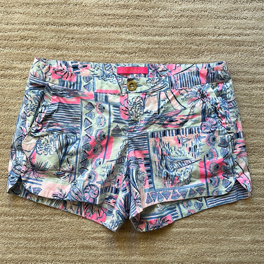 Lily Pulitzer Adie Shorts Ruffled Trim Pockets Pink Blue Size 4